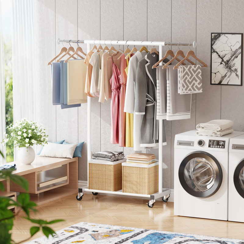 Porte-vêtements roulant 50 po, support à vêtements réglable en métal avec roulettes et roulettes, Blanc