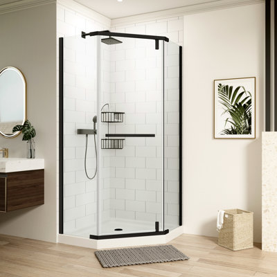 Matte Black Pivot Shower Enclosure With Glass - 34.75 In. X 72 For Bathroom In Tempered