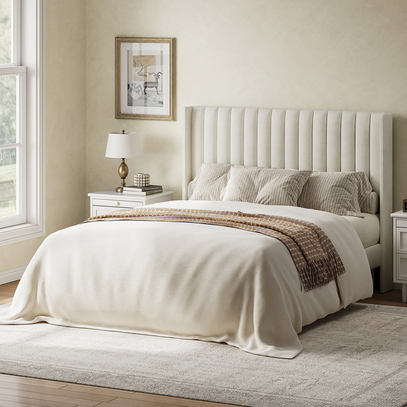 Avelyn Upholstered Platform Bed Frame with Vertical Channel Tufted Wingback Headboard, Beige, Full