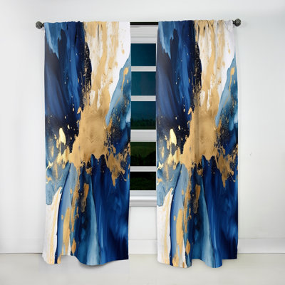 Dark Blue And Gold Strokes VIII - Fractals Room Darkening Abstract Curtain - 1 Panel