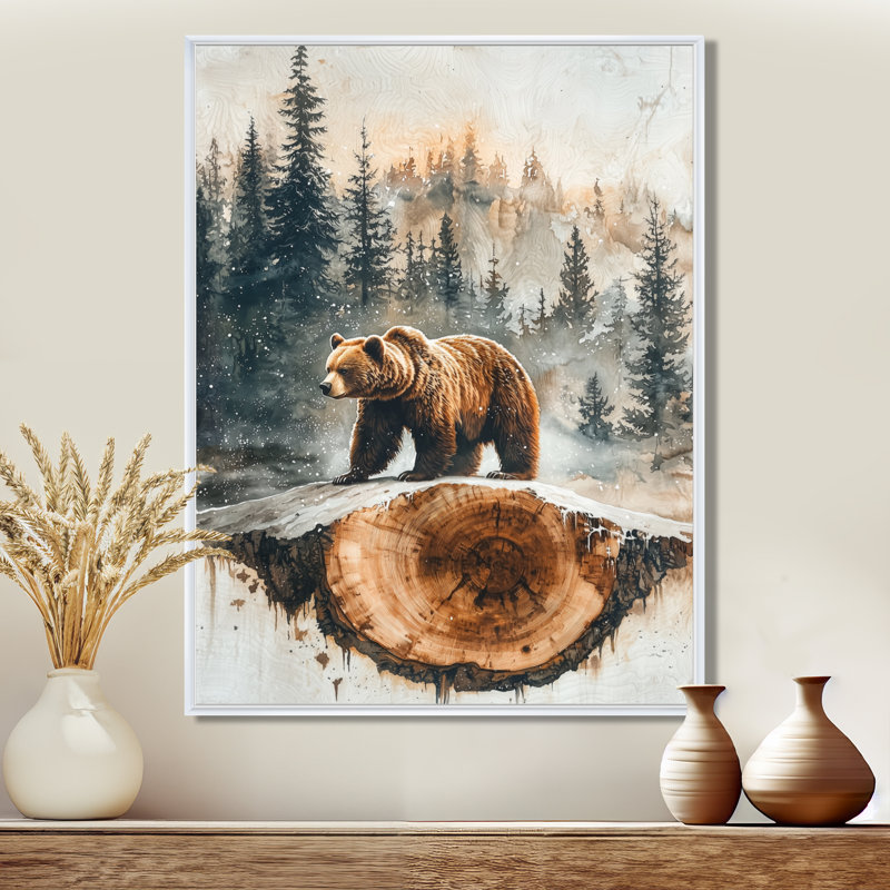 «Toyei Grizly Bear Into The Winter Landscape II», art mural ours, H 20 po x l 12 po, Impression encadrée flottante, Blanc