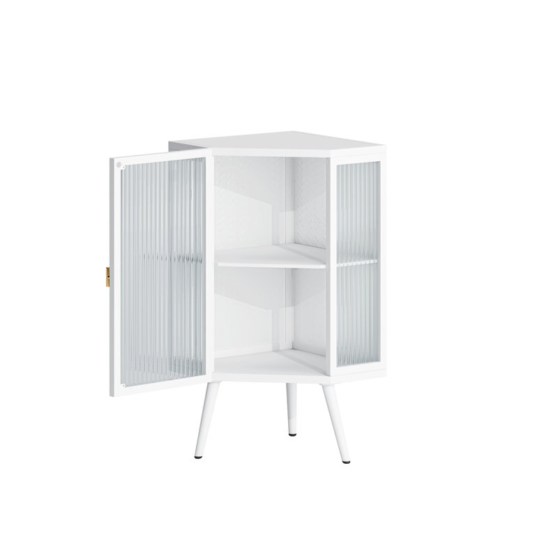 Armoire de rangement moderne pour salle de bain, métal blanc et verre, conception d'angle compacte pour une utilisation polyvalente