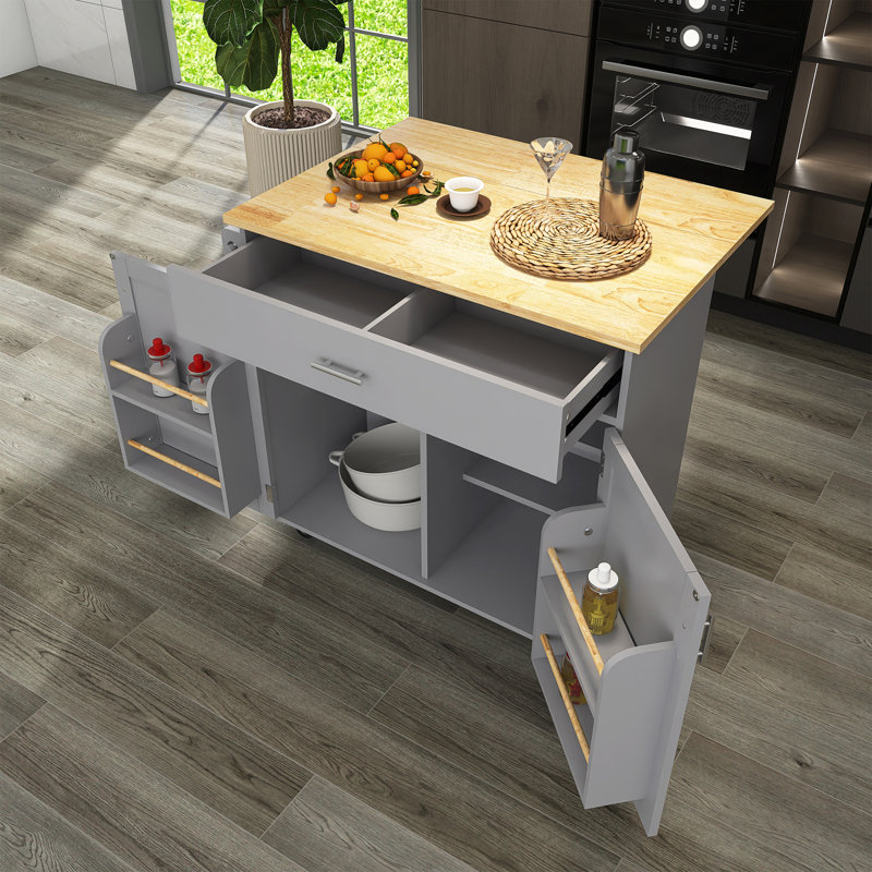 Rolling Kitchen Island With Storage, Kitchen Cart With Rubber Wood Top, Grey