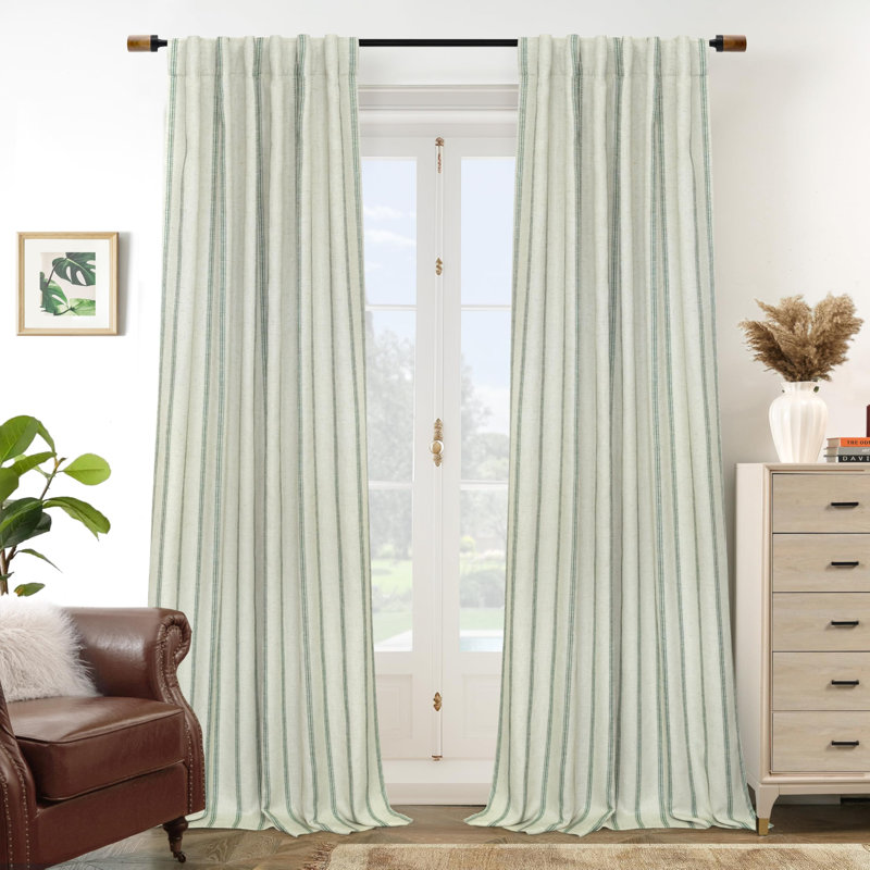 Blackout Curtain Pair, 52" W x 96" L, Red Stripe/Light Linen-Back Tab