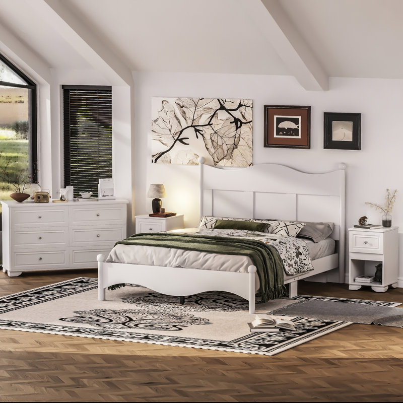 Ensemble de chambre à coucher de style rétro 4 pièces, lit plateforme grand avec un design élégant, table de chevet et commode avec poignée en métal