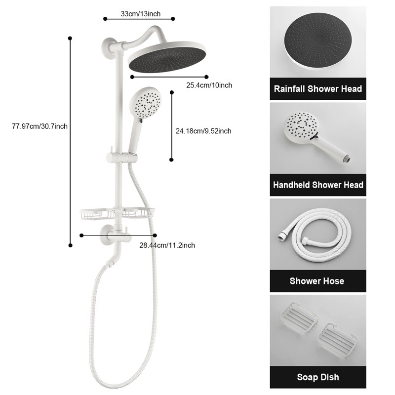 Système de douche avec pomme de douche à effet pluie de 10 po, douche à main à 5 fonctions, barre coulissante réglable et porte-savon