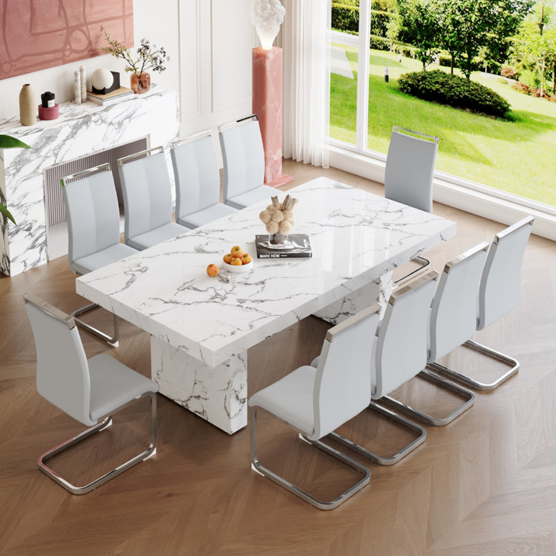 Marble-Patterned Dining Table Set for 10, Light Gray, 11 Pieces: Table, 10 Chairs
