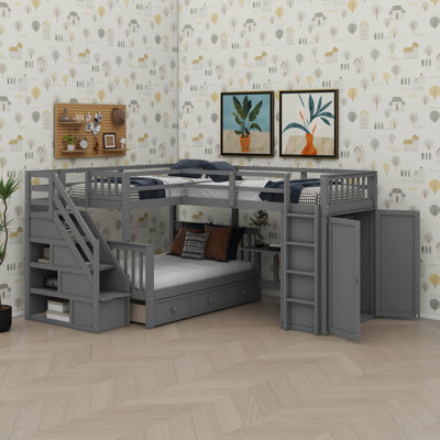 L-Shaped Bunk Bed Setup With Twin Beds Upstairs And Full Bed Downstairs, Includes 3 Drawers, A Movable Desk, And An Integrated Closet