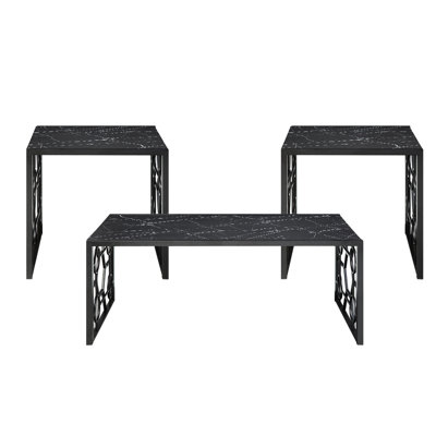 Elegant 3 Occasional Table : Tempered Glass With Fashionable Marble Print & Metal Frame Modern Support