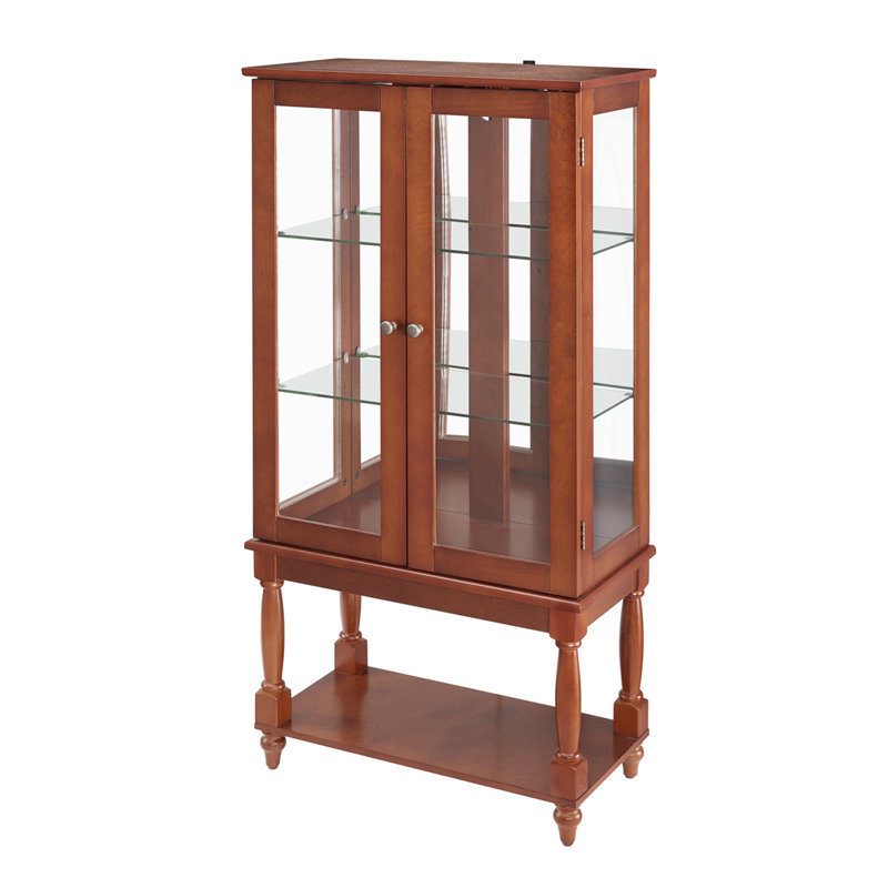 Glass Display Cabinet With Mirrored Back And Light, Curio Display Cabinet With Solid Wood Legs And Adjustable Shelves 3 Tier Glass Display Case