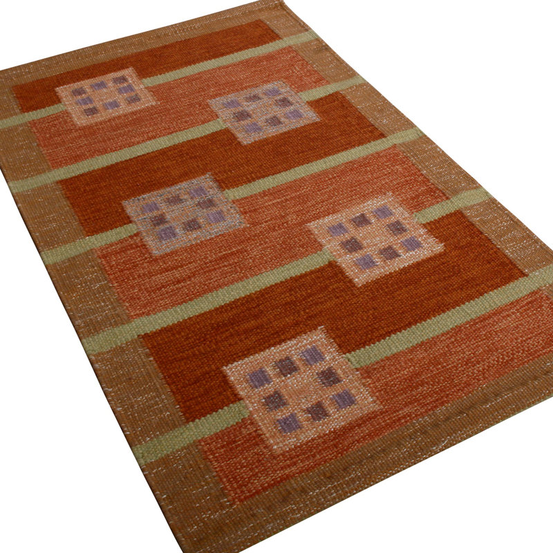 Rug & Kilim’S Scandinavian Style Geometric Red Orange And Green Wool Kilim, Rectangle 14' x 20'