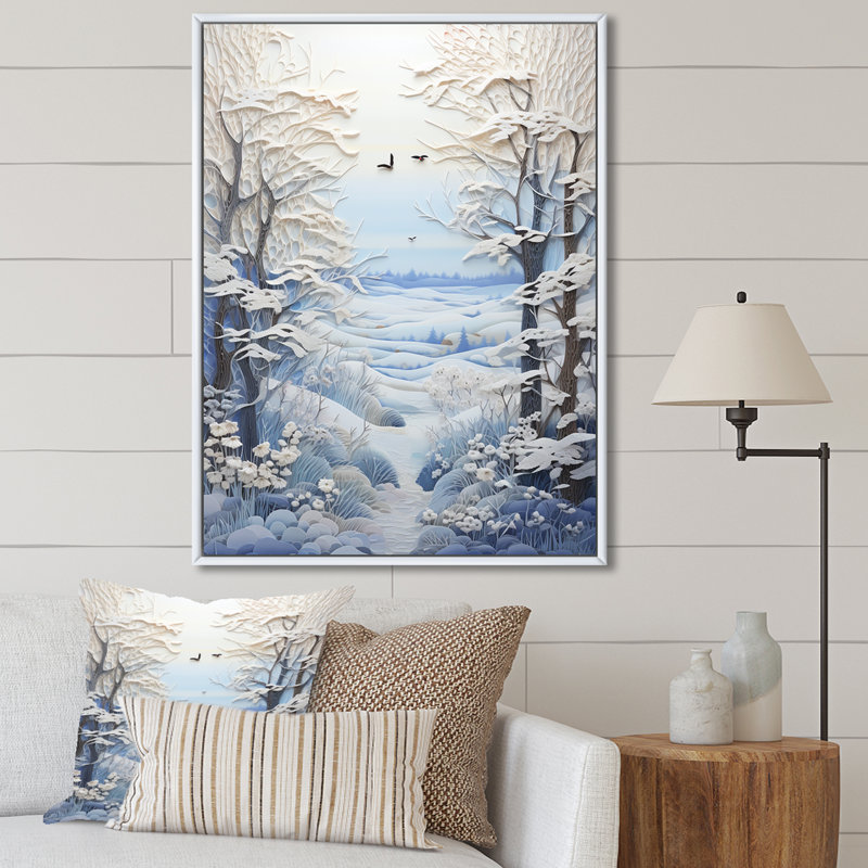 «White Winter Landscape Collage II», art mural paysage d'hiver, Cadre flottant blanc, 60" H x 28" W
