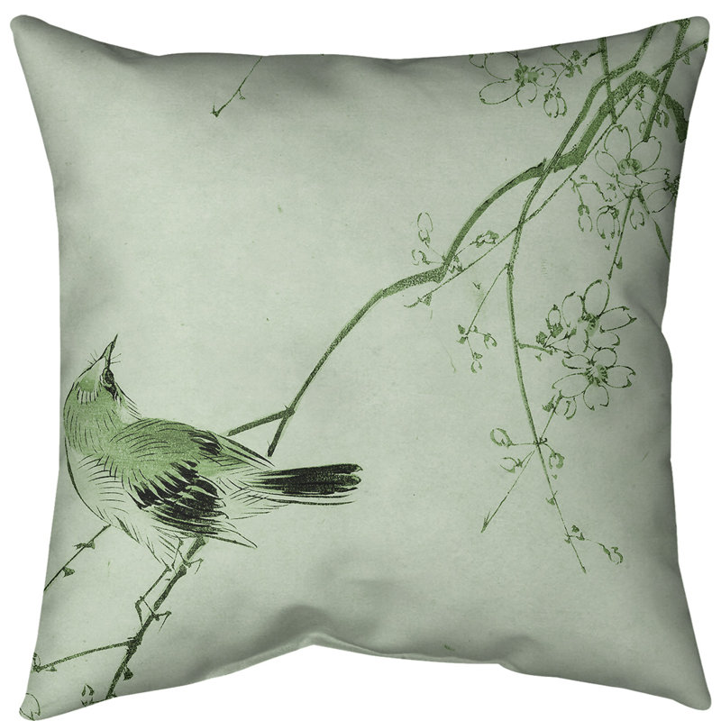 Oreiller en aquarelle d’oiseau japonais et de fleurs, Vert, Faux lin