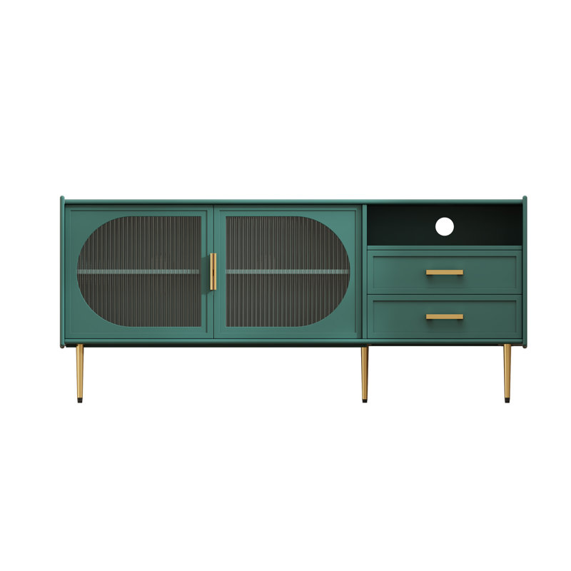 60-in Glass Door TV Stand with Drawers, Green