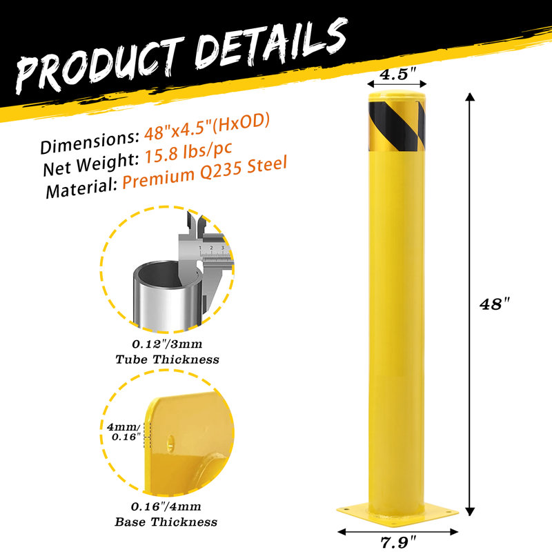 Safety Bollard Post, 48" H x 7.9" W x 7.9" D