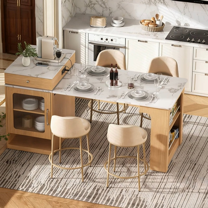 Extendable Storage Kitchen Island with Double-sided Storage and Power Outlet, Natural