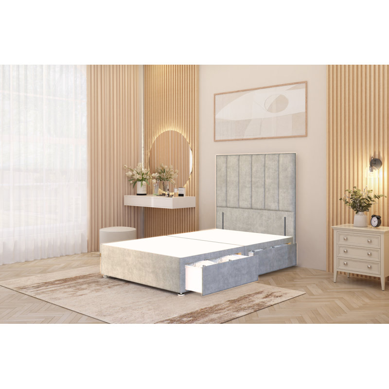 Asterin Divan Bed Base with 54" Floor Standing Headboard Plush Velvet, Silver, Single (3'), 2 Drawers