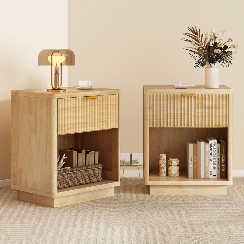 Rhythm Nightstand Set of 2 with Charging Station, Modern Fluted Wood Bed Side Table Set of 2, Natural, Set of 2, Natural