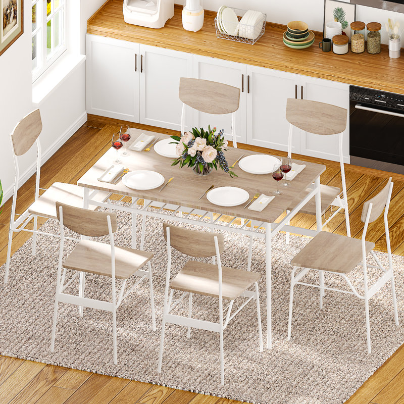 7-Piece Dining Table Set For 6, 43.3'' Kitchen Table And Wood Chairs With Storage And Backrest, Light Brown, White