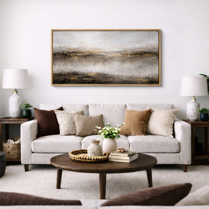 Abstrait, horizon doré neutre, œuvre d'art de paysage moderne, images de chambre à coucher moderne, impression sur toile encadrée