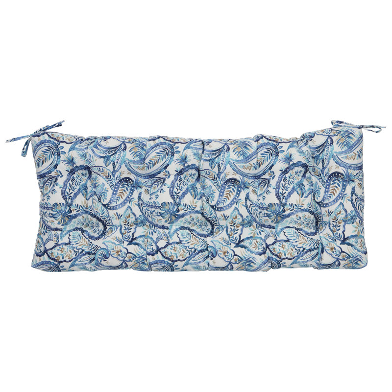 Tufted Outdoor Bench Cushion, White/Faylinn Lapis Paisley, 51" W x 19" D