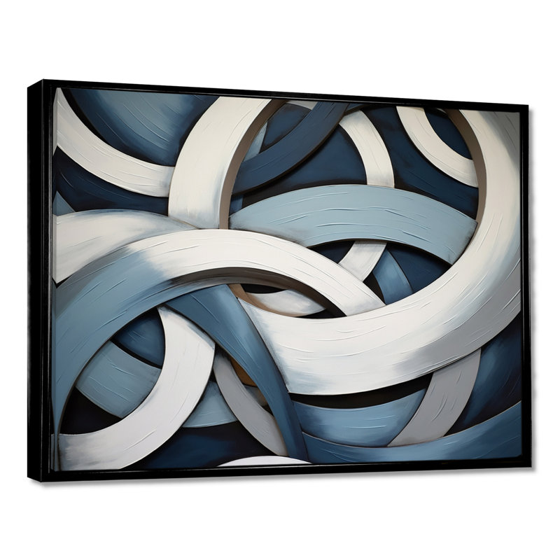 Bleu et blanc tourbillons d'anneaux I - art mural abstrait, salon, Toile avec cadre flottant noir, H 12 po x l 20 po x P 1 po