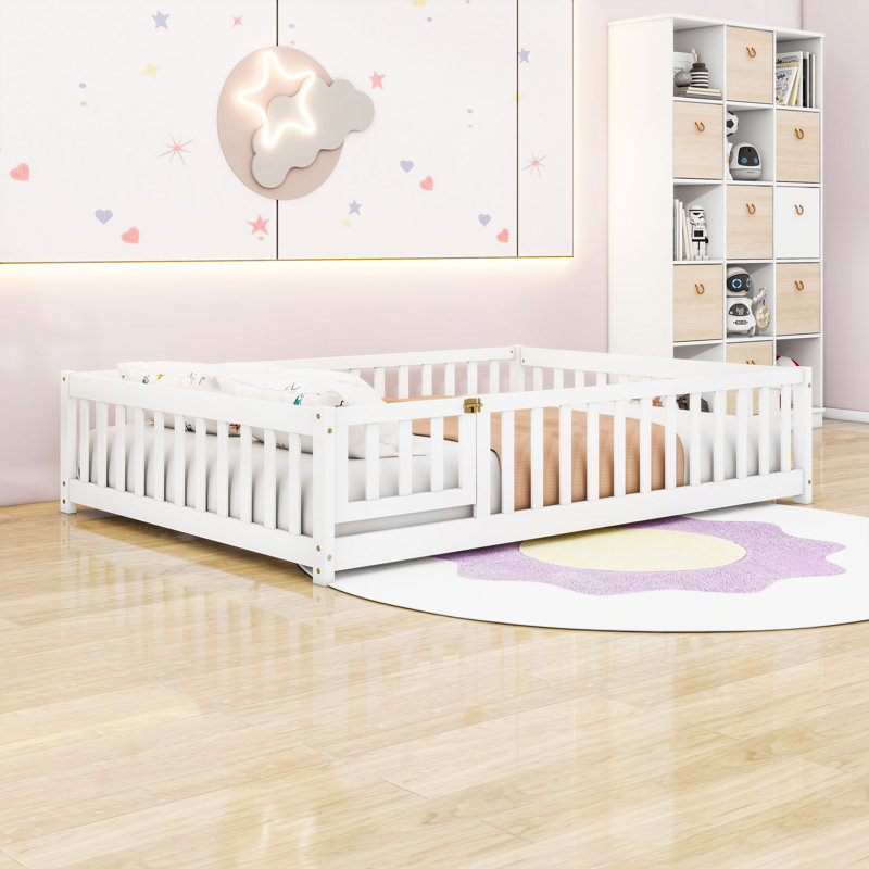Wood Low Platform Bed With Fence Door And Guardrails, Full, White