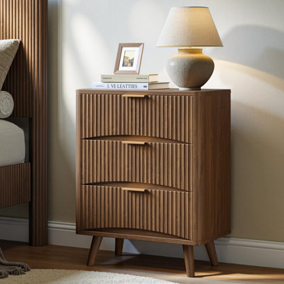 29" W Fluted Nightstand, Large Wood Night Stand, Mid Century Modern Bedside Table For Bedroom, Dorm