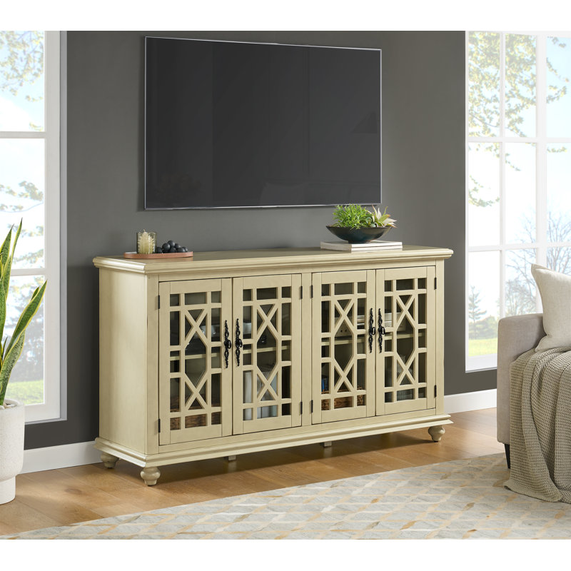 Console multimédia 63 po pour téléviseur de 65 po ou moins Ahmara, Bleu Catalina avec plateau brun noyer