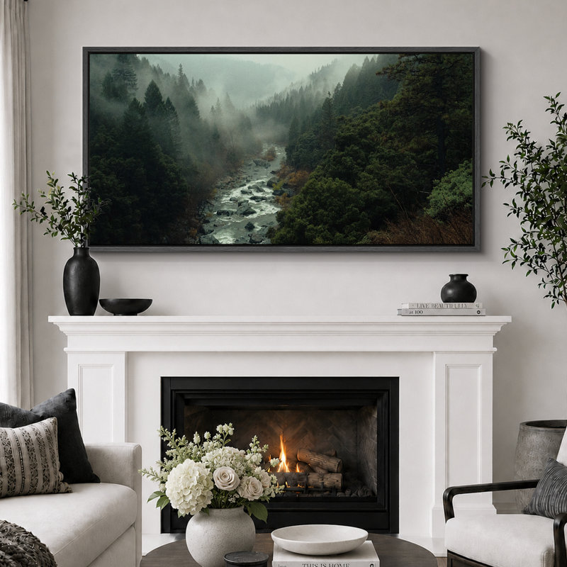 Mystical Misty Forest River Modern Art Extra Large Artwork Print Wall Art, 30" H x 60" W, Black