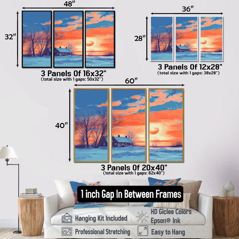 Coucher de soleil rouge sur une maison de campagne enneigée - ensemble de salon d'art mural paysage, Cadre flottant brun