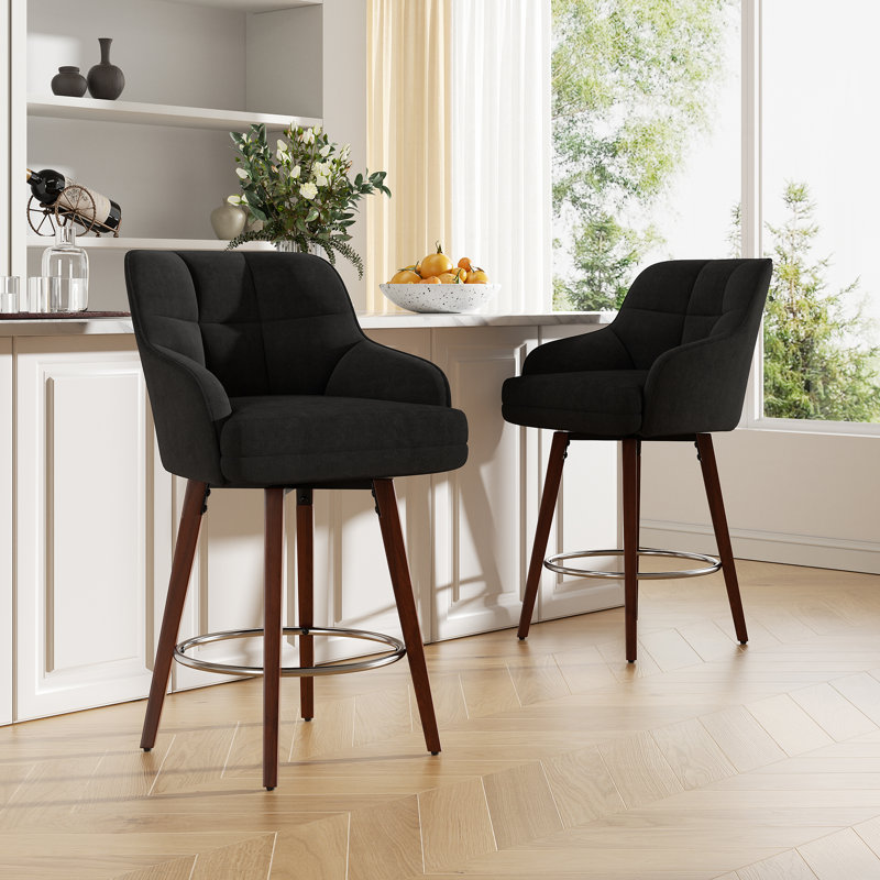 Modern Swivel Bar Stool With Backrest, Armrests And Wood Legs - Counter Height Chair For Kitchen Island, Black, 6