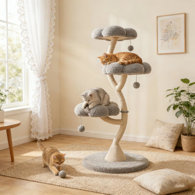 Tour pour arbre à chat 48,4 po moderne avec plateformes d'observation multiniveaux et poteaux à griffer en sisal, convient aux chats de toutes tailles, gris