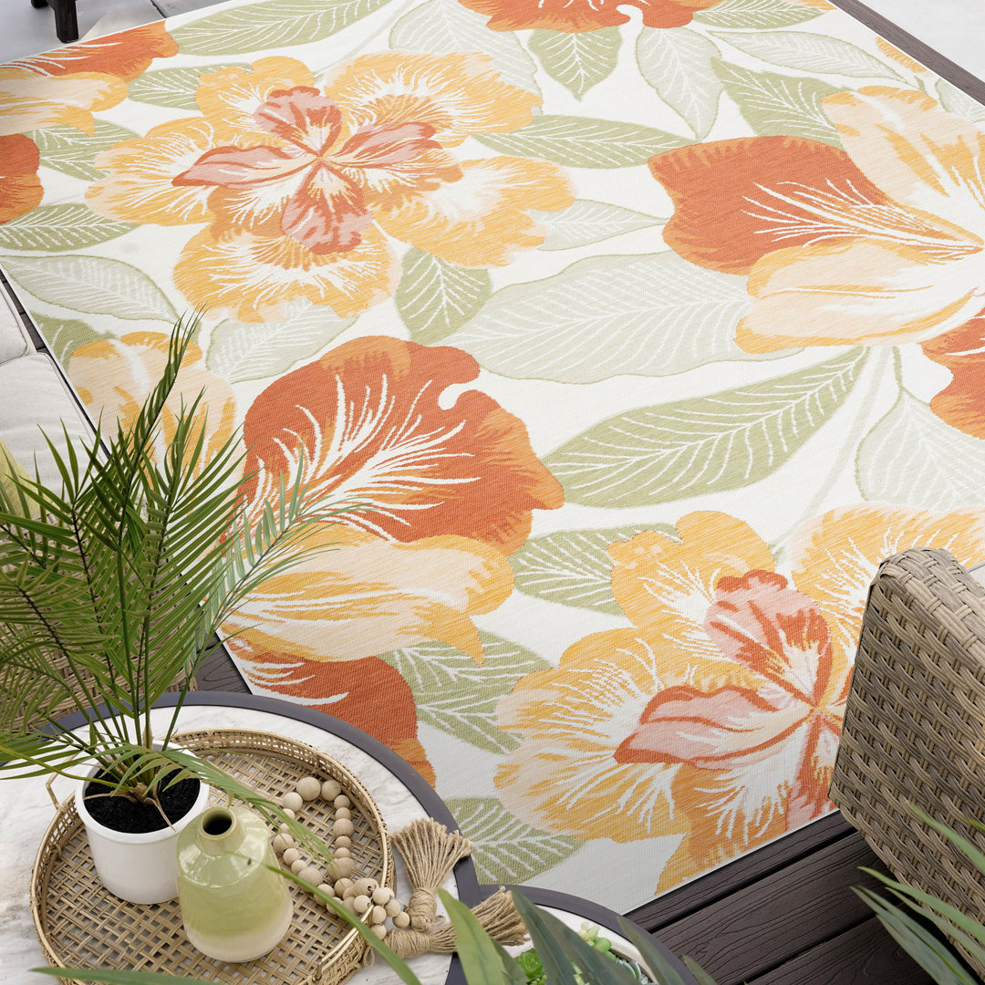 Zita Floral Reversible Flatweave Polypropylene Indoor / Outdoor Area Rug - Orange | Green | Yellow Bay Isle Home™ Rug 