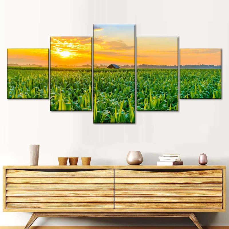 «Green Field Cornfield Sunset Scene», reproduction d'art sur toile 5 pièces, H 30 po x l 68 po x P 1,25 po