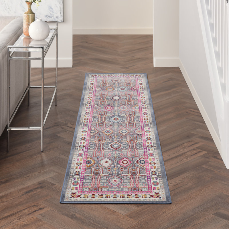 Tapis rose / bleu en polypropylène tissé à la machine, Tapis de couloir 2 pi x 6 pi