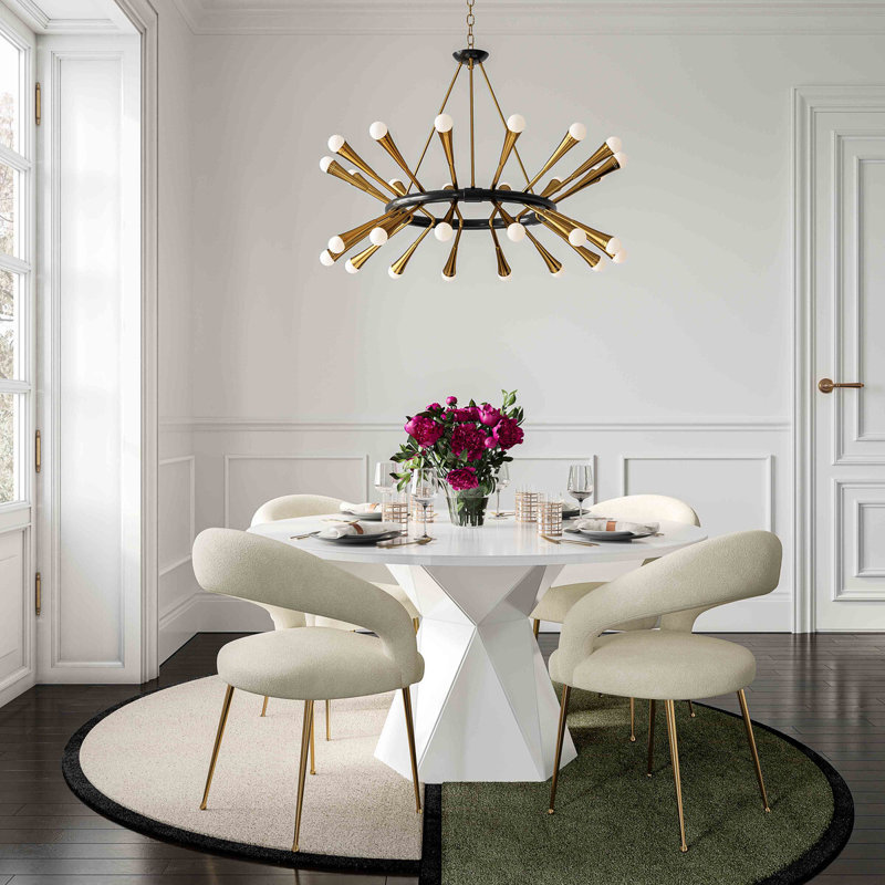 White Round Glass Top Dining Table with Geometric Base