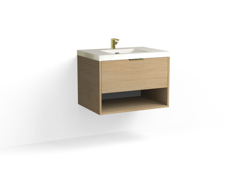 Modo 30" W Wall Mounted Single Bathroom Vanity, Glossy White/8" Widespread, Biondo, Polished Nickel