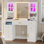 Meuble-lavabo 6 tiroirs avec miroir à écran tactile, lumières et station de charge, armoires lumineuses RVB et 5 crochets à bijoux