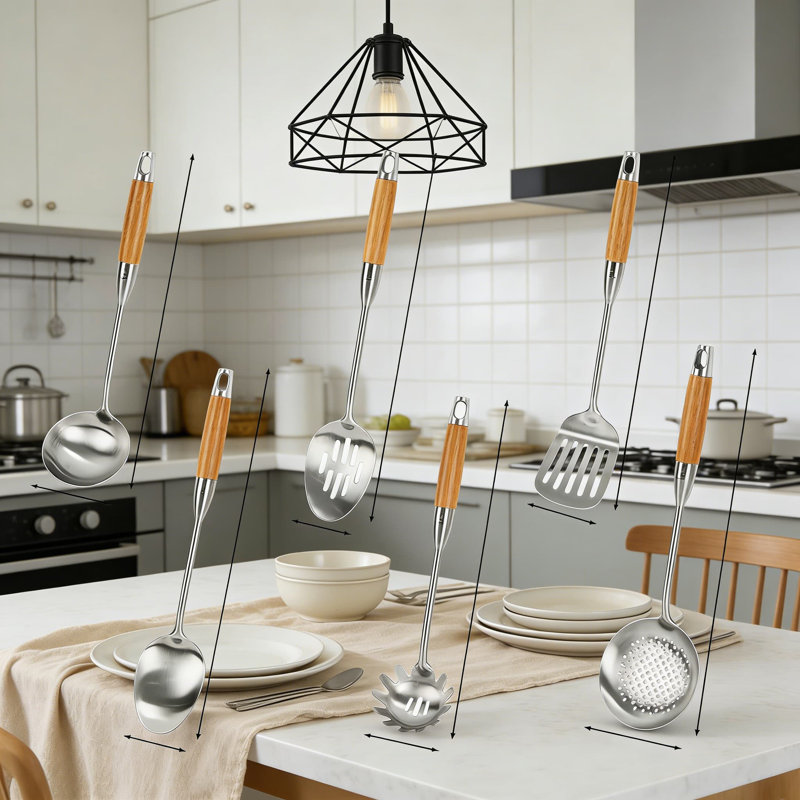 Ensemble d'ustensiles de cuisine 6 pièces en acier inoxydable avec poignées en bois - Spatule, louche, cuillère d'écumoire, cuillère à pâtes, grande cuillère, tourneur à fentes
