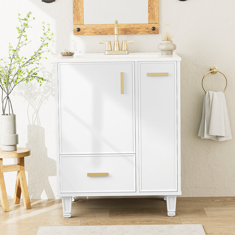 Meuble-lavabo de salle de bain avec lavabo, armoire avec tablette de porte, tiroir profond, panier coulissant à 2 niveaux, structure en bois massif et panneau de qualité, idéal pour le rangement dans la salle de bain
