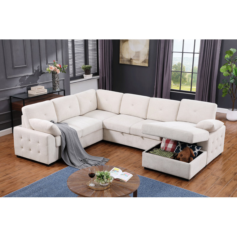 Canapé d'angle avec rangement et deux coussins, Chenille beige