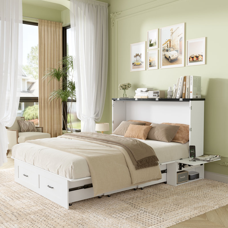 Queen Murphy Bed Cabinet with Charging Station & Large Storage Drawer, Foldable Panel Design, Hidden Space, Space-saving Cube Cabinet Bed Frame for Guest Room, Living Room, Office (No Mattress Included)