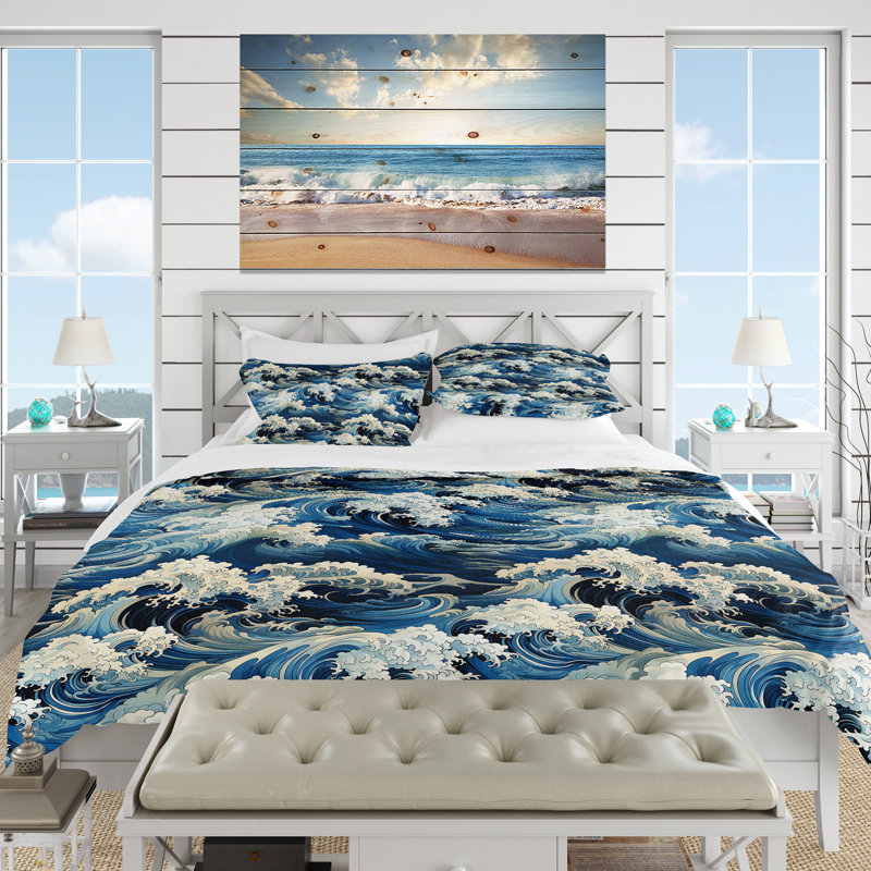 Ensemble de housse de couette Waves Japanese Hokusai Pattern II - Coastal, Housse de couette pour très grand lit et 2 très