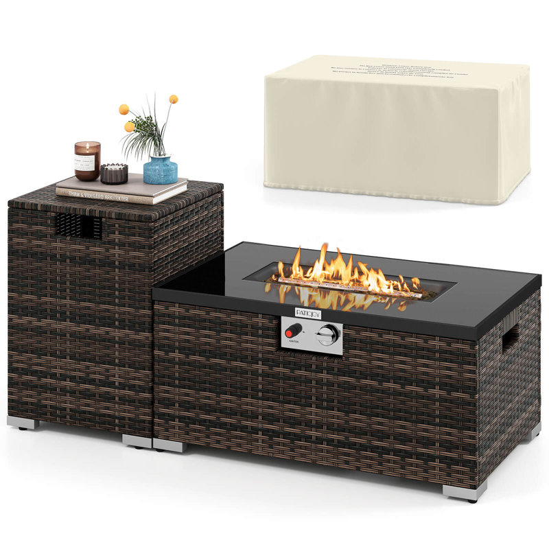 2 PCS Outdoor Rattan Fire Table Set with Tank Cover Tempered Glass Tabletop Brown, Brown