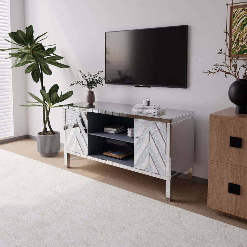 Mirrored Tv Stand For Tvs Up To 65", Silver Tv Console Table With Open Storage & 2 Storage Cabinets, V Shape Sparkling Mirror Doors