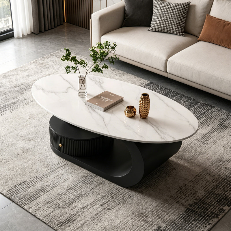 Table basse de luxe avec tiroir de rangement, H 15,74 po x L 39,37 po x l 21,65 po, Blanc / plateau gris / base noire