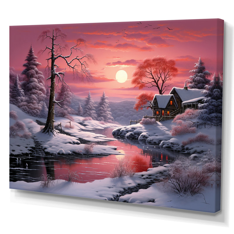 «White Snowy Trees by The River At Red Sunset I», impression sur toile, H 30 po x l 40 po x P 1,5 po, Toile tendue