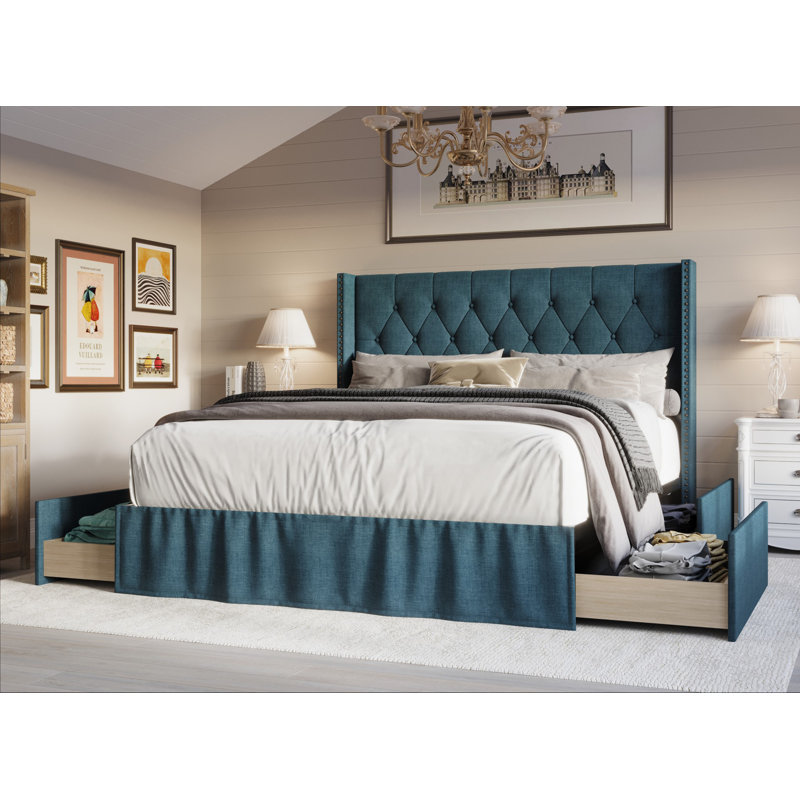 Javionte Upholstered Wingback Storage Bed, Full, Denim Blue