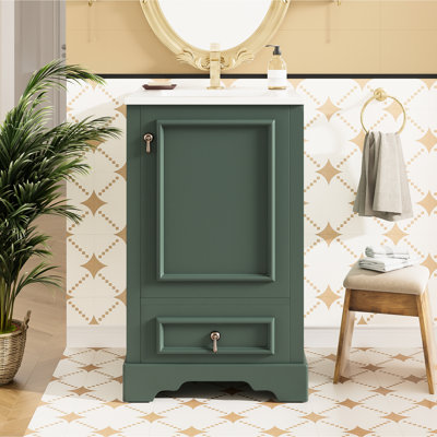 Meuble-lavabo de 20 pouces au design moderne avec lavabo en céramique, organisateur de porte et structure en bois massif à fermeture en douceur, tiroir pour rangement organisé